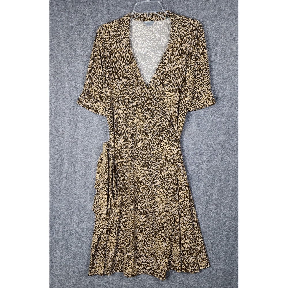 Ann Taylor Wrap Dress Womens 14 Tan Black Animal Print Short Sleeve V-Neck EUC